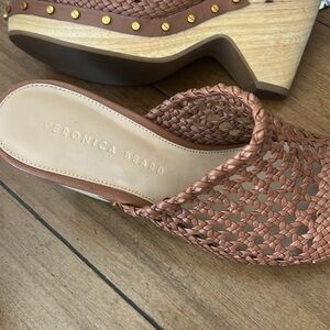Veronica Beard Hardie Woven Leather & Wood Heeled Clogs Cognac Brown 6.5